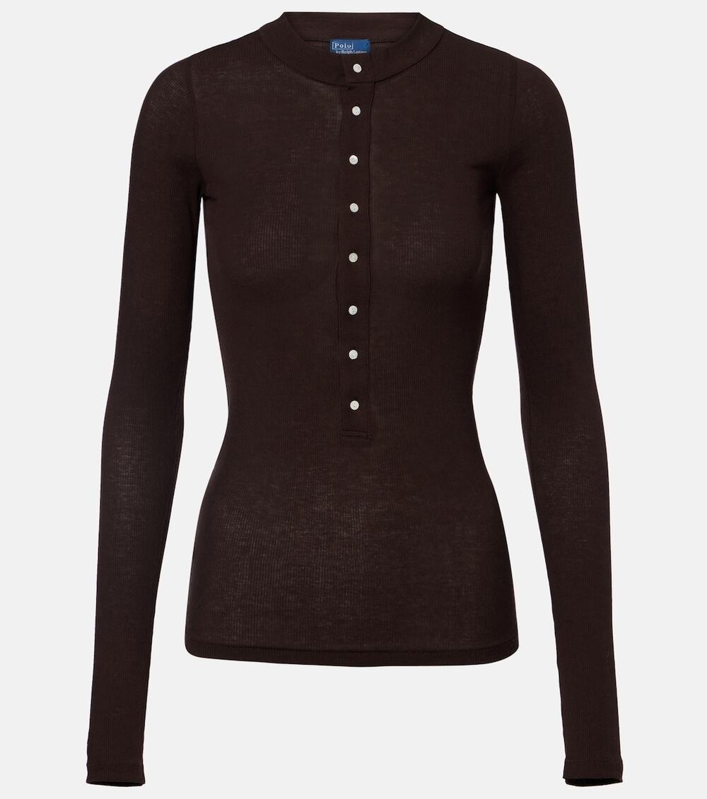 Polo Ralph Lauren Ribbed Crepe Henley Long Sleeve Shirt Top Brown XXL Women